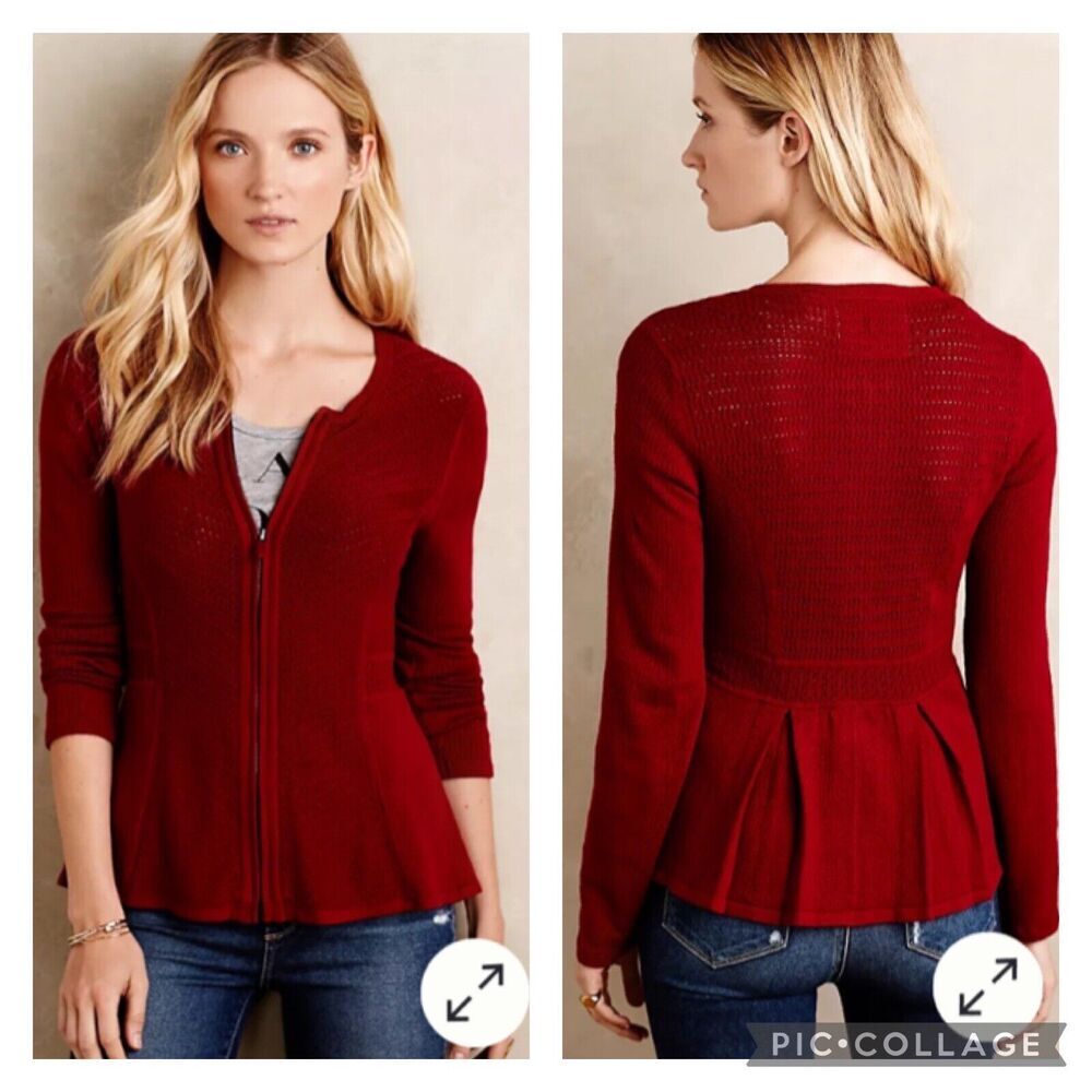 Anthropologie Angel Of The North Red Pointelle Zipped Cardigan Sweater Small